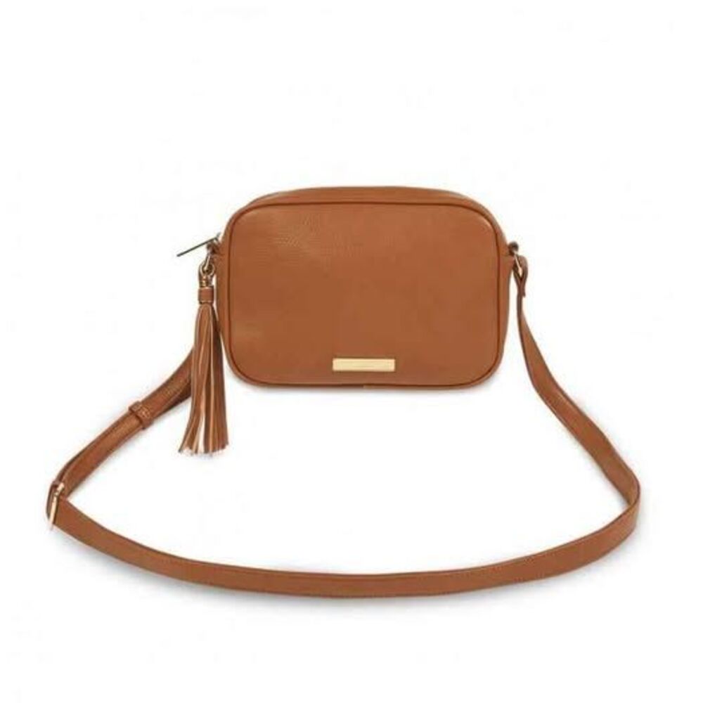Katie Loxton Sophia Tassel Crossbody Bag Cognac Vegan Leather Gold Logo